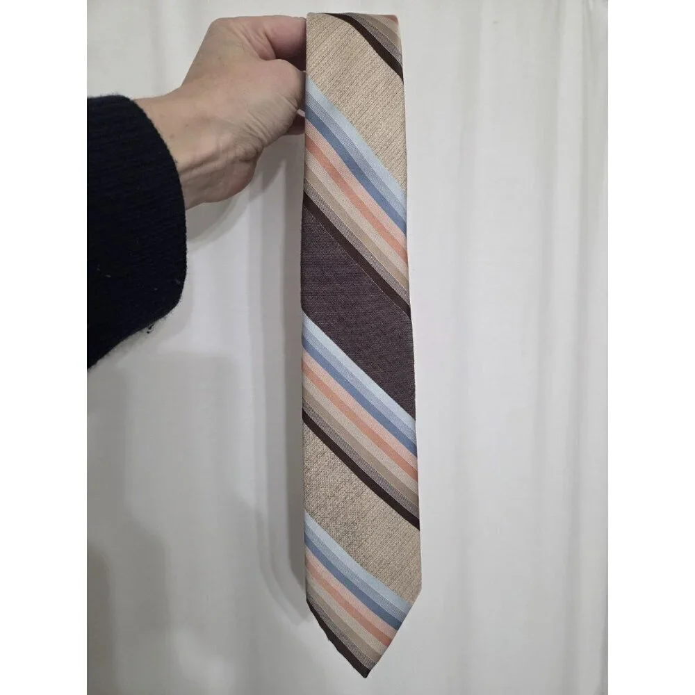 Vtg 70s Jean Claude Vidal Tie Brown Tan Blue Stripe Wide Blade Paris New York
